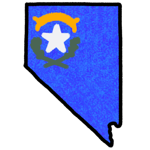 A land mass matching the shape of the state nevada with a black outline and the interior matching the nevada flag: a blue background, and in the top right corner is a white star with a yellow banner above it and two plant branches under it